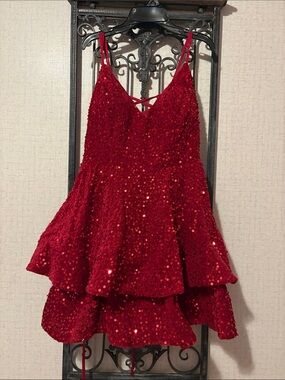Red Sequin Tiered Prom Dress with Crisscross Back